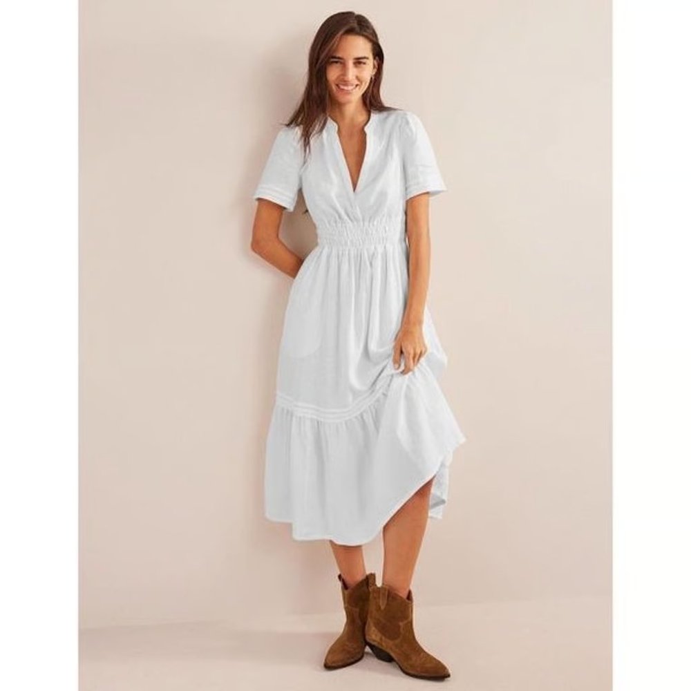 Boden Pintuck Shirred Linen Dress in White